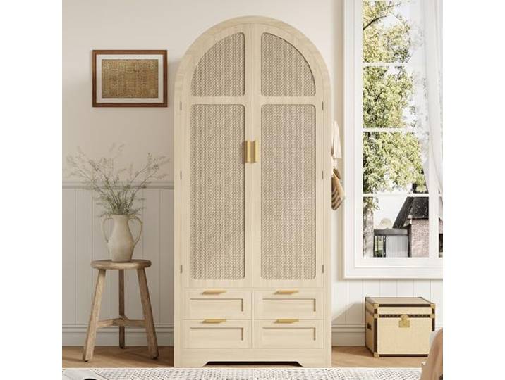 Elaimoros Moderner Kleiderschrank mit gebogenen Türen,Großzügiger Stauraum,Mit Kleiderstange und Schubladen,Luxuriöser Kleiderschrank,Geeignet für Schlafzimmer und Eingangsbereiche，Eichenholzfarbe
