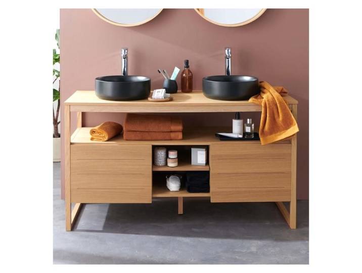 Meuble ATOLL double 140cm chêne vasques rondes noires robinets