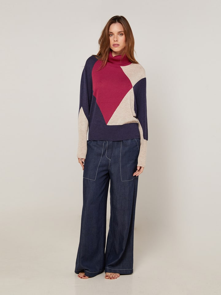 Rodier Rollkragenpullover in Dunkelblau/ Rot/ Beige - S