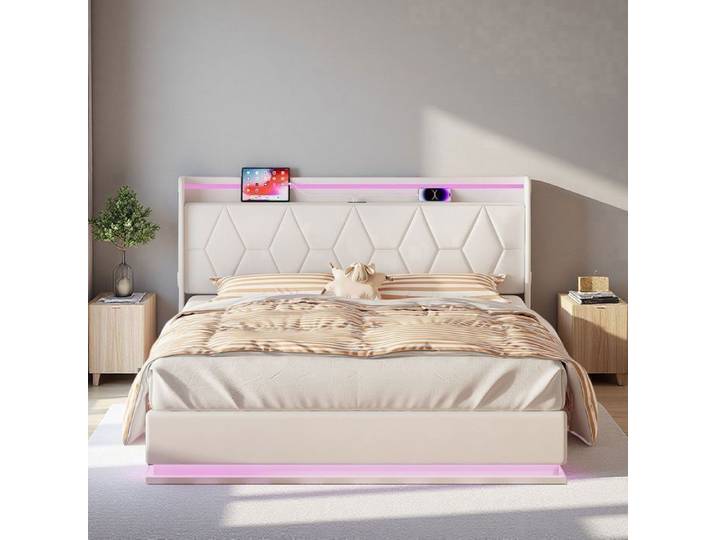 Lit double 160x200 cm - ADWOLT - LED - Velours blanc - Design contemporain - Montage facile