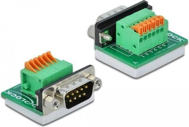 Delock D-Sub9 adapter van stekker naar schroefklemmenblok met knop, mannelijk, groen/zilver, horizontaal