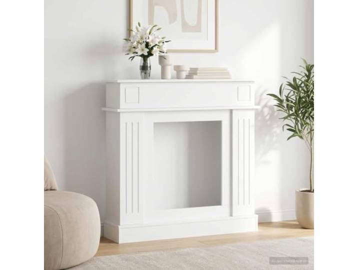 KGTKGTYER Kaminumrandung Holzwerkstoff Kaminrahmen Deko-Regal Weiß Wandmontage, Schlankes Design, Mit Musterdetails, Platzsparend