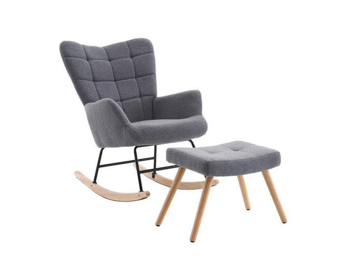 Modfu Schaukelstuhl 91x61x88 cm Grau aus Lammfellimitat mit unabhängiger Fußstütze, hoher Rückenlehne und dicker Polsterung, 68x91x88 cm, Wohnzimmer, Sessel, Schaukelstühle