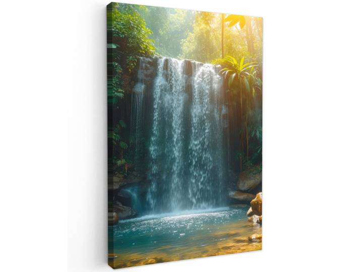 MuchoWow Leinwandbild - Wasserfall - Dschungel - Sonne - Grün - Natur - 60x90 - Kunstdruck, Textil, Kiefer, Abstrakt, Rechteckig, 60x90 cm, gerahmt, Bilder & Rahmen, Bilder, Wandbilder
