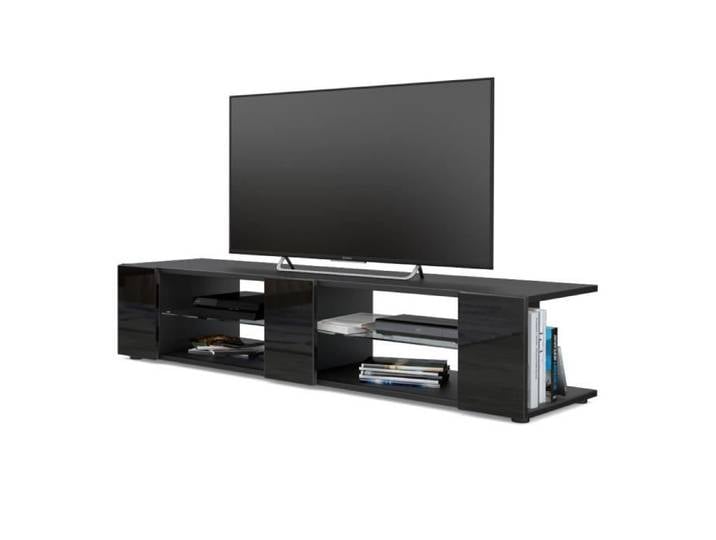 Vladon Meuble TV Armoire basse Movie V2 Corps en Noir mat - Façades en Noir haute brillance