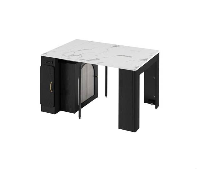 Îlot central extensible - Blanc marbre et noir - Roulettes - LED - Prise USB/Type-C