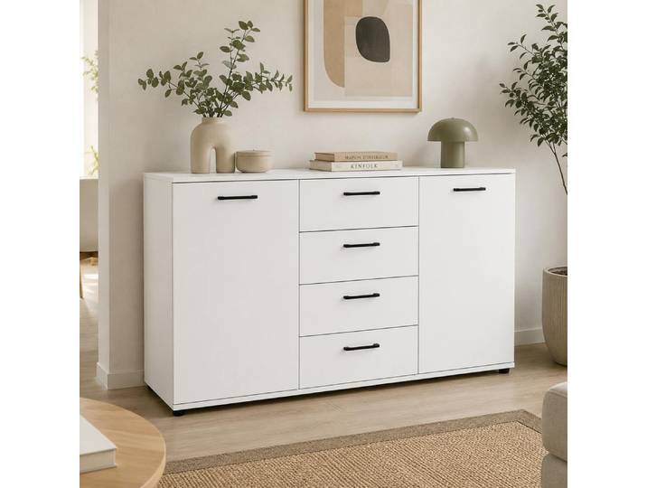 Buffet Étroit Blanc 2 Portes 4 Tiroirs Alva