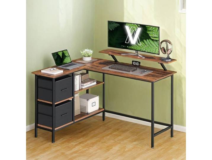 Bureau d'Angle - Marron - 2 Tiroirs - Étagère Réglable - Support Écran