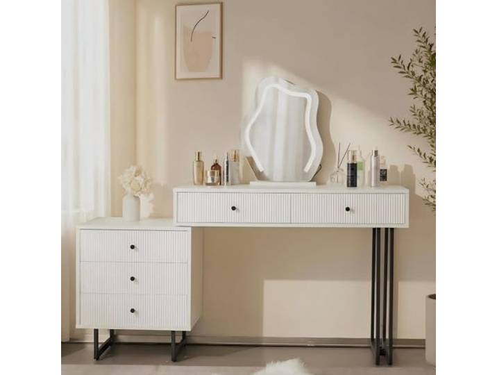 Merax Schminktisch mit LED-Spiegel & Beleuchtung – Moderner Kosmetiktisch mit ausziehbarer Tischplatte, LED-Licht in 3 Farben & Seitenschrank, eleganter Make-up Tisch fürs Schlafzimmer ohne Hocker
