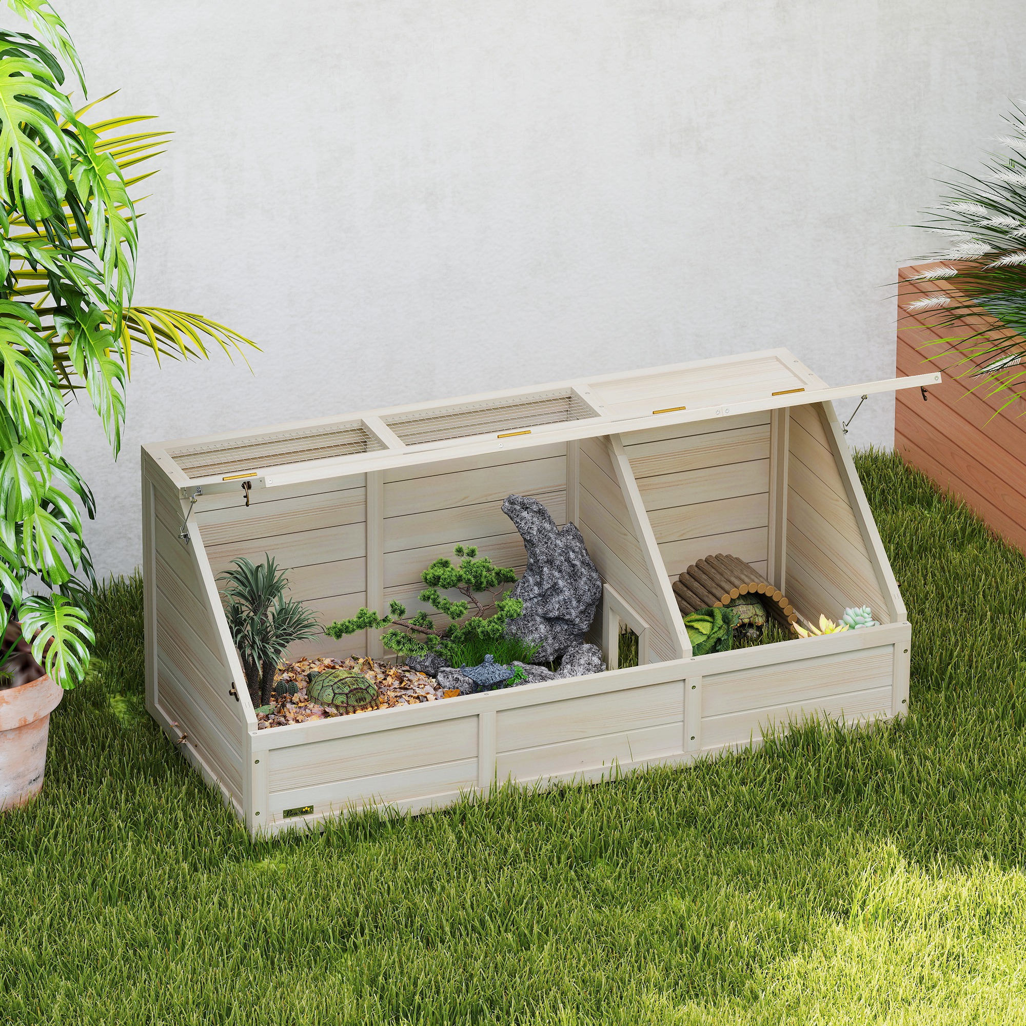 Pawhut Casetta per tartaruga in legno con coperchio apribile, chiusure, 2 spazi distinti, Legno naturale   Aosom Italy