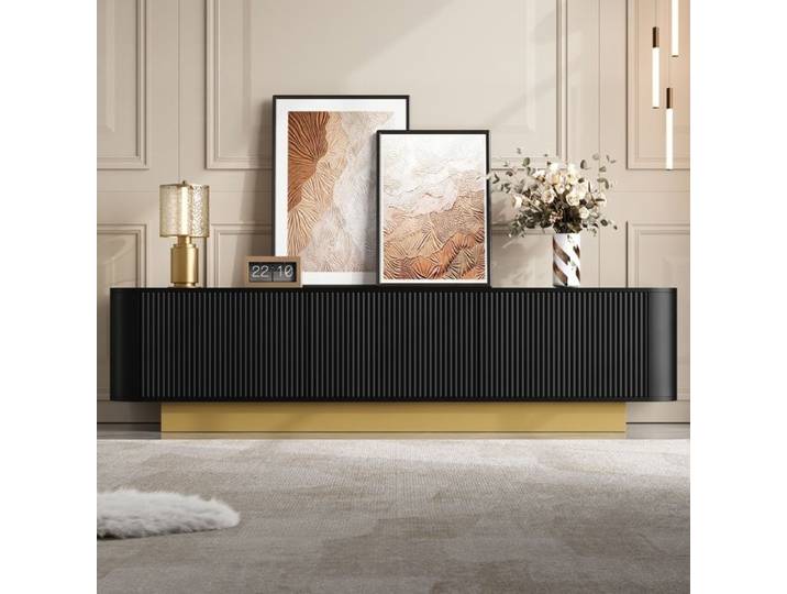 Meuble TV - Merax - avec Portes Texturées Rangement et Passe-Câbles Design Arrondi Noir