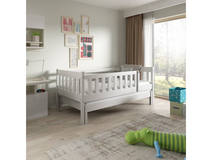 Kinderbett STELLA 80x160 cm mit zweitem ausziehbarem Gestell, Geländer, Weiß