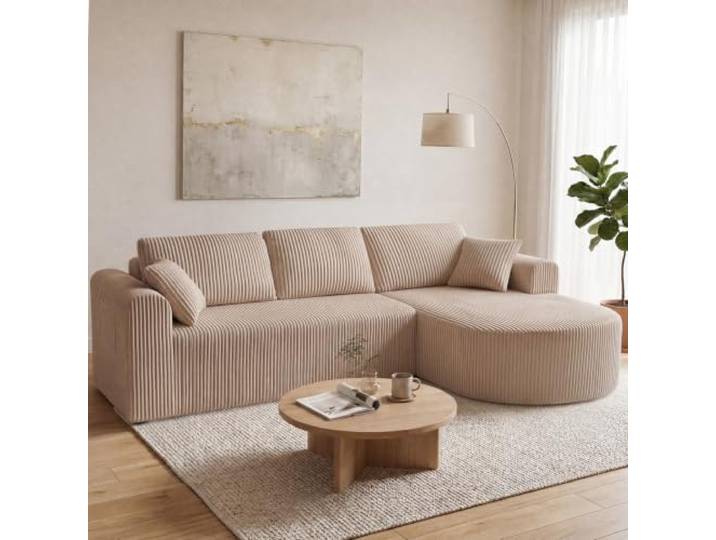 COMHOMA Ecksofa mit Schlaffunktion, 243cm Corduroy Modulares Boneless Couch mit Chaiselongue, L-Form Schlafsofa, Sektionssofas mit Kissen & Seitentaschen,Sofa für Wohnzimmer, Keine Montage, Beige