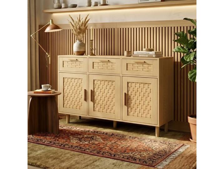 Buffet Bas Moderne - 115x40x80 cm - Portes et Tiroirs en Effet Rotin - Meuble de Rangement Salon Salle à Manger Bois de Chêne Clair