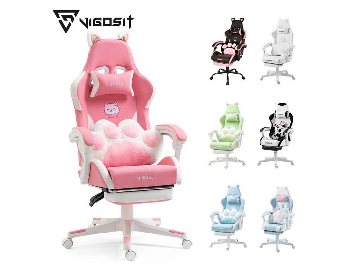 Chaise de jeu Vigosit mignonne avec oreilles et coussin Kawaii, chaise de jeu ergonomique pour filles avec support lombaire