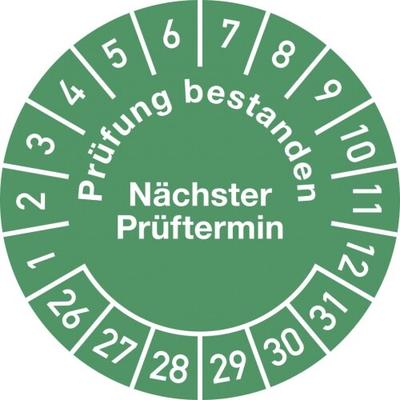 Dreifke® Prüfplakette Prüfung bestanden... 2026 - 2031, Folie, Ø 30 mm, 10 Stück/Bogen