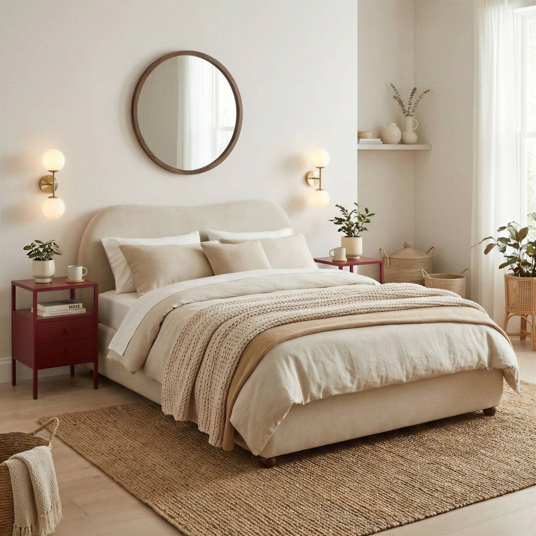 Ebern Designs Mabelle Upholstered Ottoman Bed Frame - Bold Curved Headboard Design Cream Fabric Double