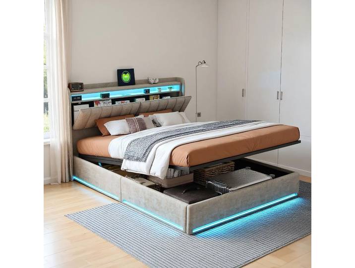 Lit coffre 160 x 200 lit 160x200 avec sommier cadre de lit avec LED coffre hydraulique avec tete de lit gris velours