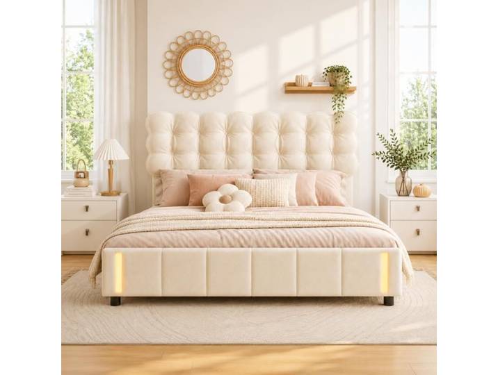 Lit Coffre 140x190 avec Sommier Lit Double en Velours Beige avec Tête de Lit Capitonnée Éclairage à Détection de Mouvement