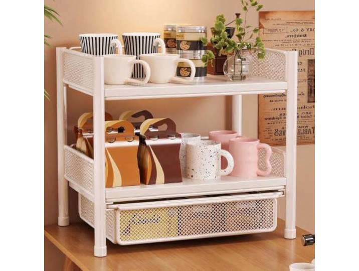 Aufbewahrungsregal for die Arbeitsplatte Mit Schublade 2 Ebenen Ablage Ausstellungsregal Aufbewahrung for Kaffee Für Küche und Büro(C)
