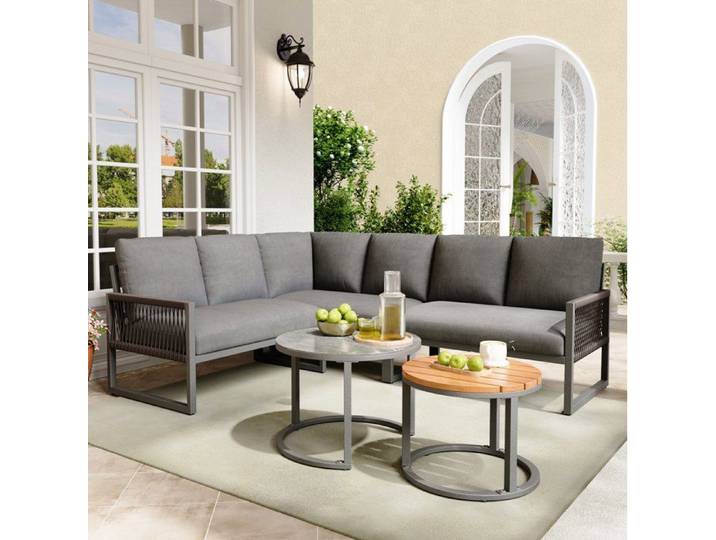 Salon De Jardin D Angle 6 Places En Métal Galvanisé Gris Avec 2 Tables Basses Coussins Inclus Pieds Réglables Extérieur