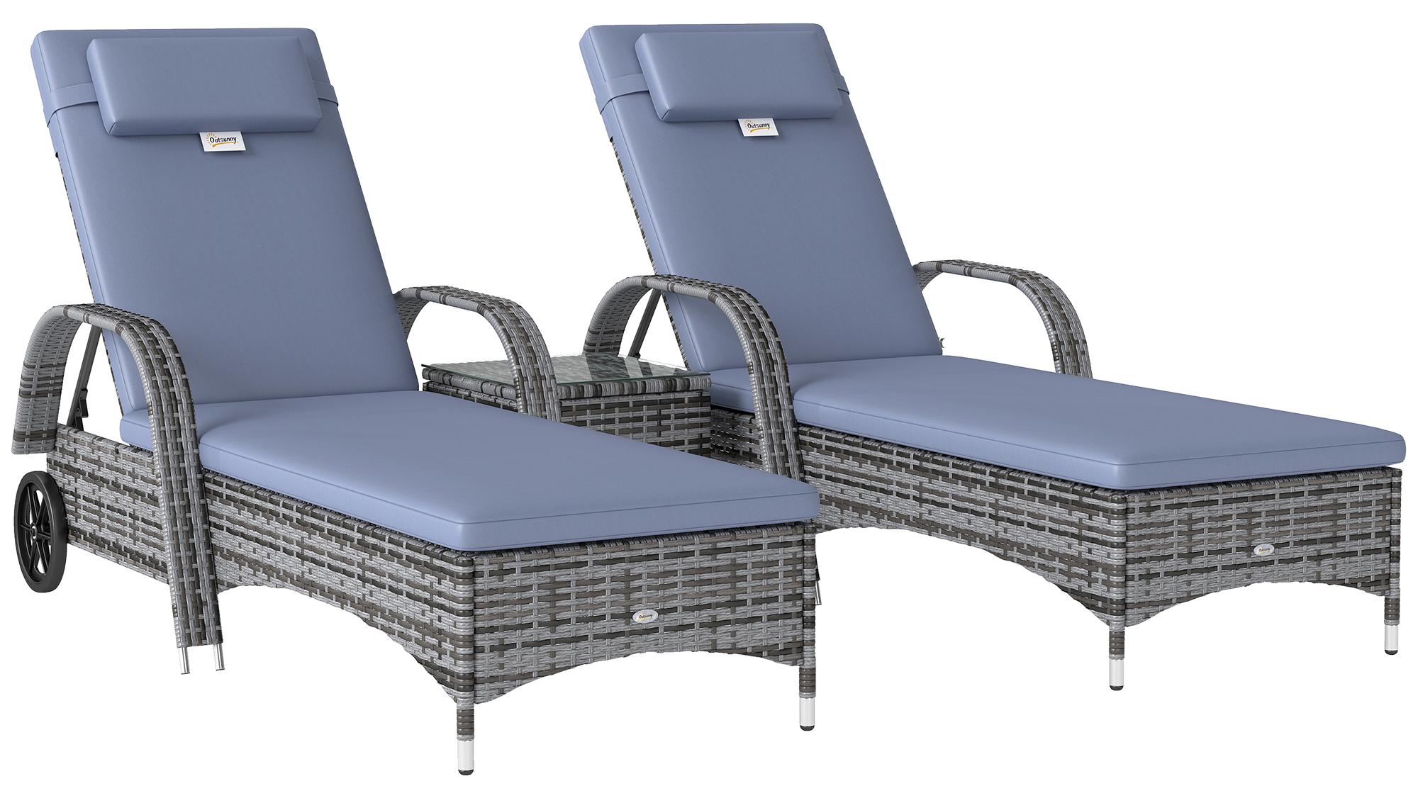 Sonnenliege Gartenliege Tisch 3er-Set Gartenmöbel, Polyrattan+Metall Grau