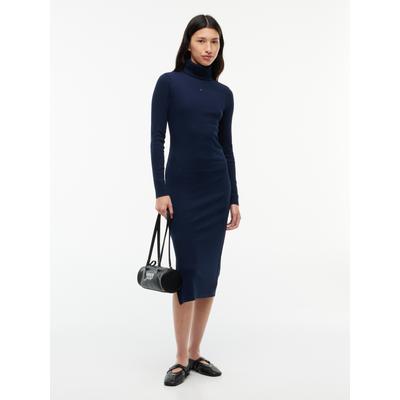 Jerseykleid TOMMY JEANS "TJW TURTLNCK BODYCON MIDI DRESS", Damen, Gr. XS (34), N-Gr, Langarm, Jersey, blau (dunkelblau), Jersey, Obermaterial: 95% Baumwolle, 5% Elasthan, unifarben, figurbetont wadenlang, Rundhals, gerader Abschluss, Kleider...