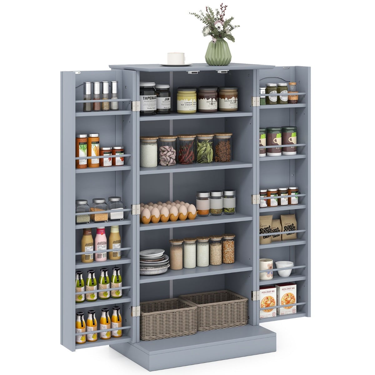 Costway Keuken Kast met 2 Deuren en 6 Verstelbare Planken Grijs