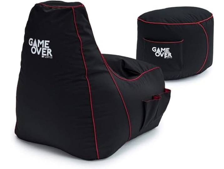 Game Over Video Gaming Sitzsack Spielen Stuhl und Fußhocker Drinnen Draußen Wasserbeständig Bean Bag Seitentaschen für Controller Headset Halter Ergonomisches Design (Elektrisches Karminrot)