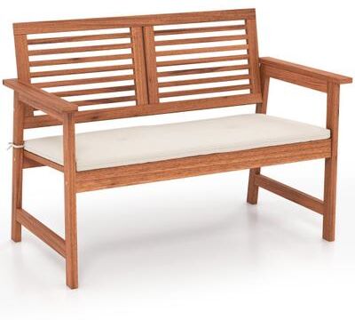 Costway 2-Person Solid Wood Patio Bench with Backrest and Cushion
