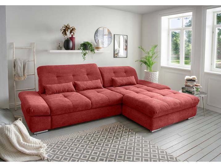 Ecksofa mit Schlaffunktion Rot Webstoff Jimin 300 x 86 x 196cm Longchair davorstehend rechts mit Schlaffunktion Modern
