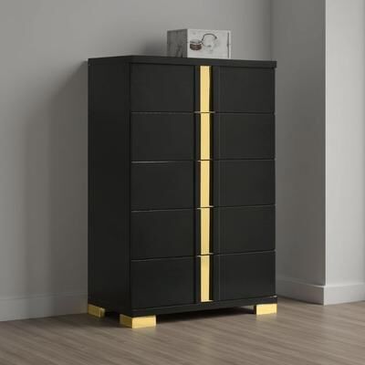 Benjara Yoki Tall Dresser Chest, 5 Drawers, Modern Glam Black and Gold