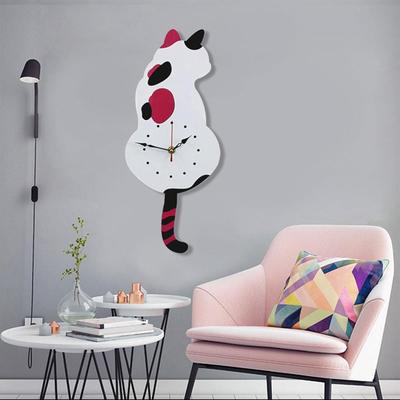 Snug & Styled Cute Cat Wall Clock With Swinging Tail Battery Operated Acrylic Wall Decor white