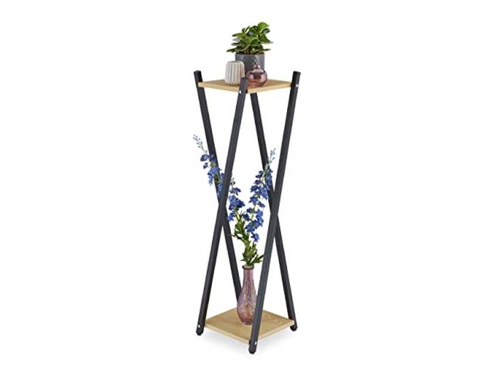 Relaxdays Blumenständer, 2 Etagen in Holzoptik, Metall, moderner Blumenhocker, HBT: 99x29x29 cm, Blumensäule, Farbwahl