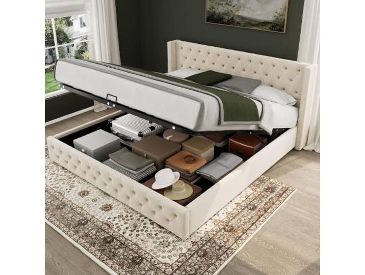 Fiednoy Polsterbett Doppelbett 180x200cm mit Hydraulischem Stauraum, Beige Samt Doppelbett mit Hohem Rauten-Kopfteil, Bettkasten Lattenrost, ohne Matratze