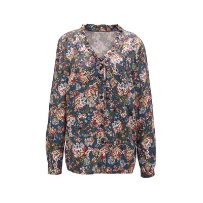 Druckbluse GOLDNER "Kurzgröße Druckbluse mit raffinierter Ausschnittlösung", Damen, Gr. 20, blau (marine, ahorn, gemustert), Obermaterial: 100% Viskose CV., V-Ausschnitt, weit Manschette, Blusen Druckbluse, Strahlender, farbharmonischer Allover-Druck