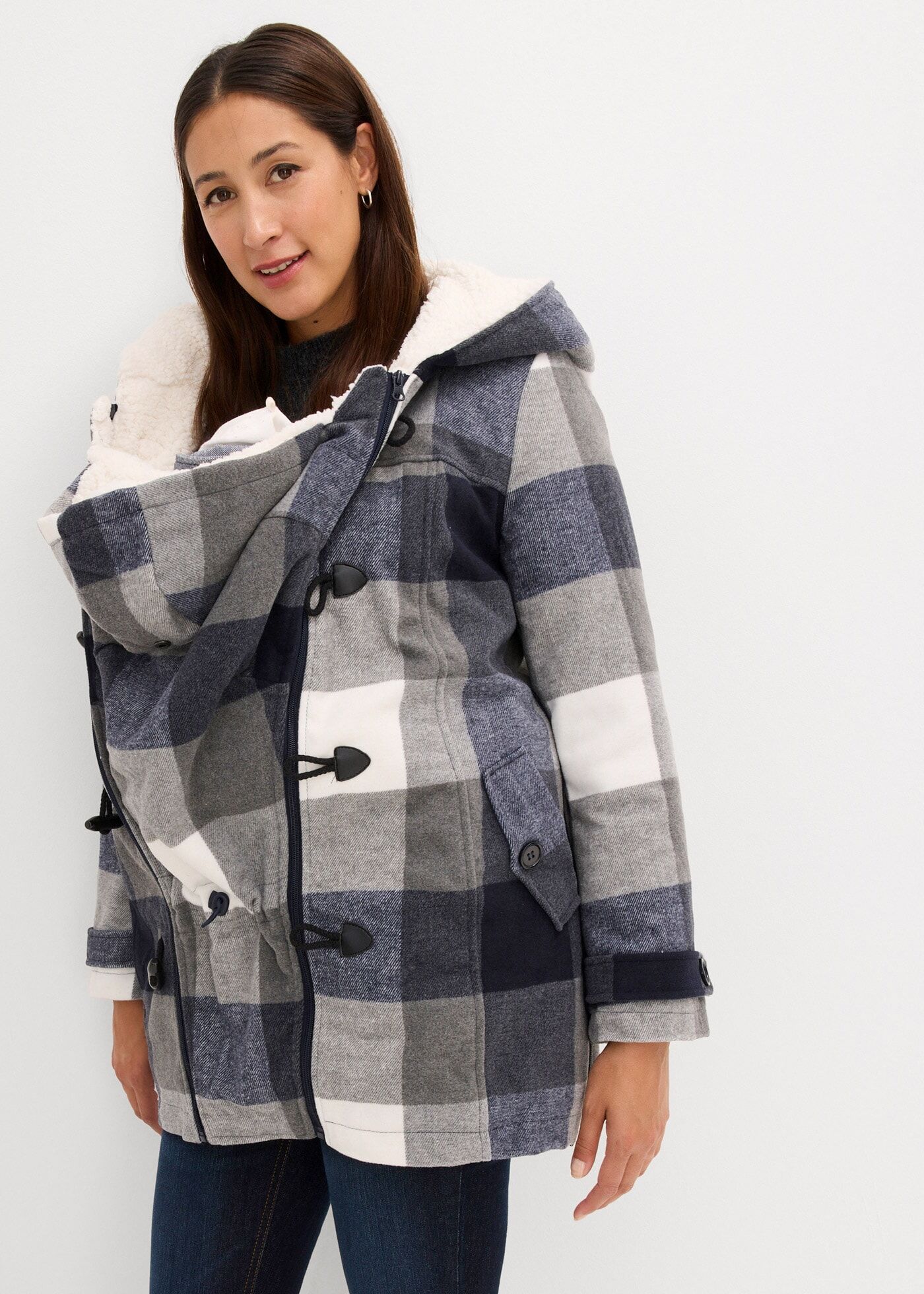 Umstandsjacke BONPRIX "Woll-Umstandsjacke mit Teddyfutter / Tragejacke", Damen, Gr. 42, blau (dunkelblau, grau kariert), Web, Obermaterial: 95% Polyester, 5% sonstige Fasern. Futter: 100% Polyester. Ärmelfutter: 100% Polyester, kariert, bequem ca. Mitte O