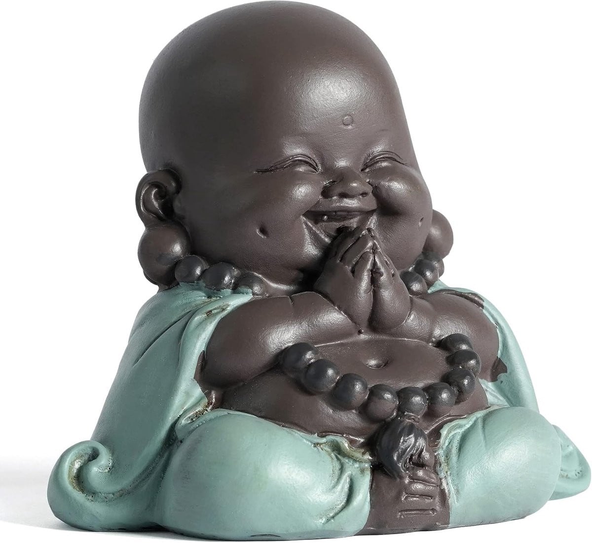 Lachende Boeddha Beeldje - Keramiek Biddende Monnik Figuur - Groen - Hoogte: 7.5 cm
