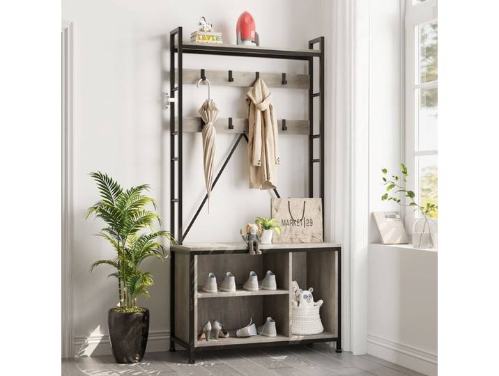 Porte-Manteau Avec Banc Porte-Manteau Industriel Rangement Pour Chaussures Organiseur d'Entrée Avec Casiers 177.5 x 35 x92Cm-gris