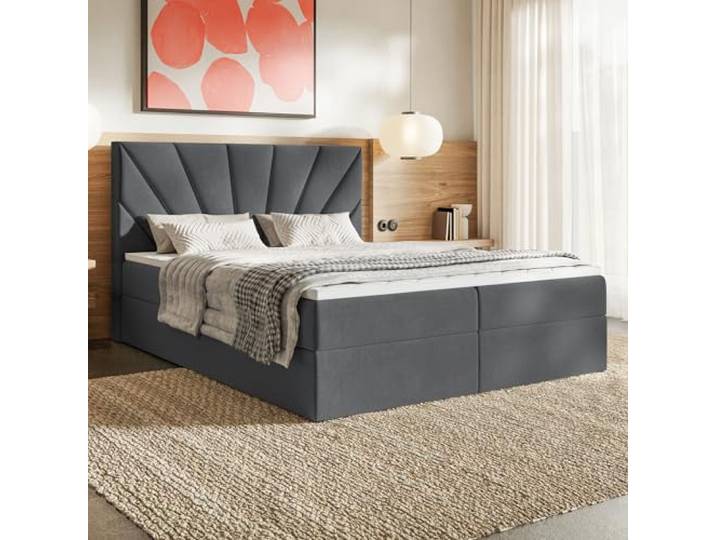 MOTIVENA Aspen Boxspringbett 180x200 mit Bettkasten und Topper, Polsterbett 180x200 mit Bettkasten, Bonellfederkern-Matratze (H4), Visco Memory-Foam Topper (H2), Samt, Grau (Anthrazit)