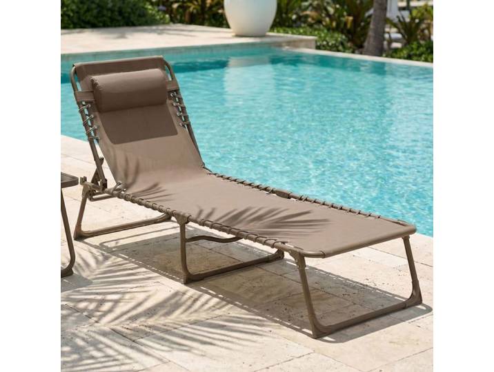 CASABEL Chaise Longue Pliante taupe pour jardin transat extérieur inclinable et confortable Acier et toile Textilene résistants
