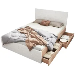 Doppelbett 160x200 mit 2 Schubladen – Modernes Design in Weiß und Eiche, Optimierter Stauraum, Stabile Matratze mit 720 Federn