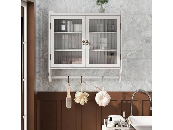 Weiss gewaschen Hängeboard Glas Doppel Türen vintage 63 Wanddekoration Schrank mit Glasfront und drei Ablagen