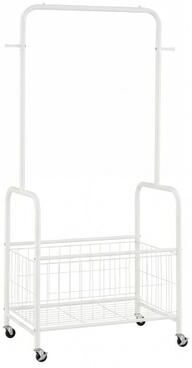 Costway Rolling Metal Clothes Rack with Hanging Rod and Storage Basket-White