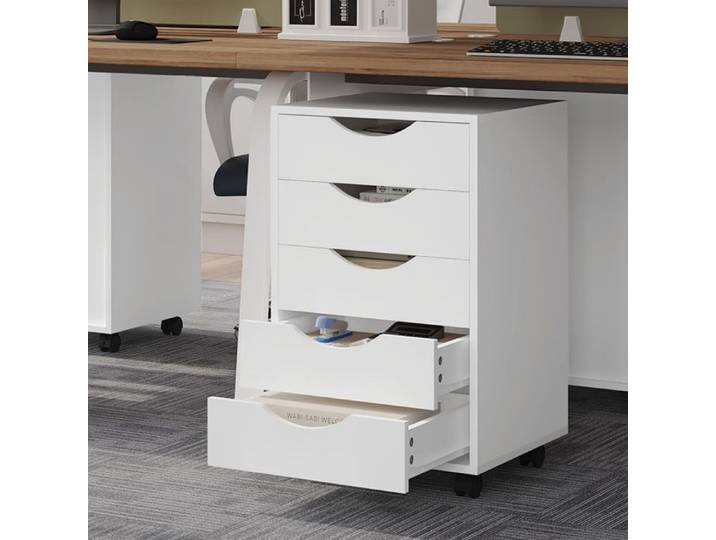 Caisson de Bureau - WOLTU - Meuble de Rangement Mobile 5 Tiroirs - Bois d'Ingénierie - Blanc W0ATT0650