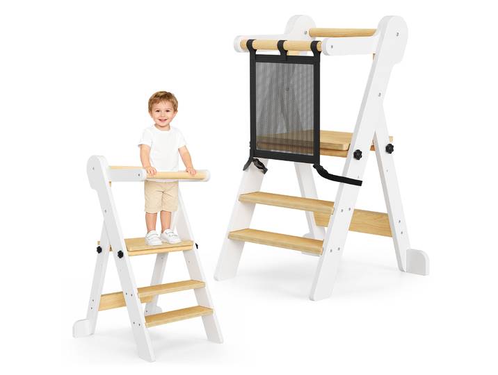 Tabouret de cuisine pour tout-petits, Tour d'apprentissage Montessori, gain de place et hauteur réglable, en bambou avec protection contre l'inclinaison et antidérapant