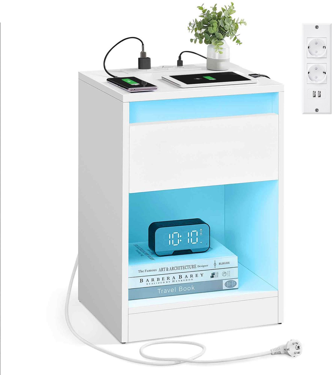 Vasagle Nachtkastje met Instelbare LED-Verlichting, Stopcontacten en USB-poorten en Lade