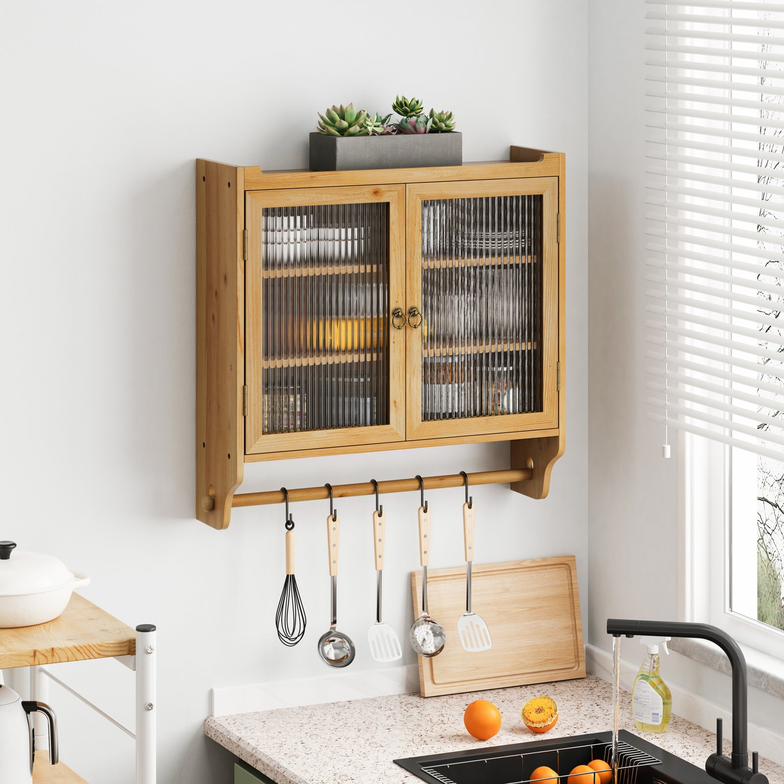 MODFU Wandkast met drievoudige opbergruimte en handdoekhouder voor badkamer of woonkamer, natuurlijke stijl