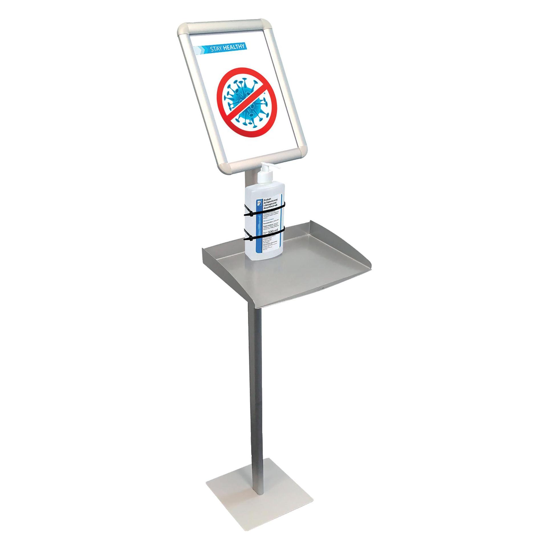 Franken Infoständer mit Ablagefach, für Desinfektionsspender mit Infoschild DIN A4, Aluminium-Klapprahmenpro (A2) (BS0911)