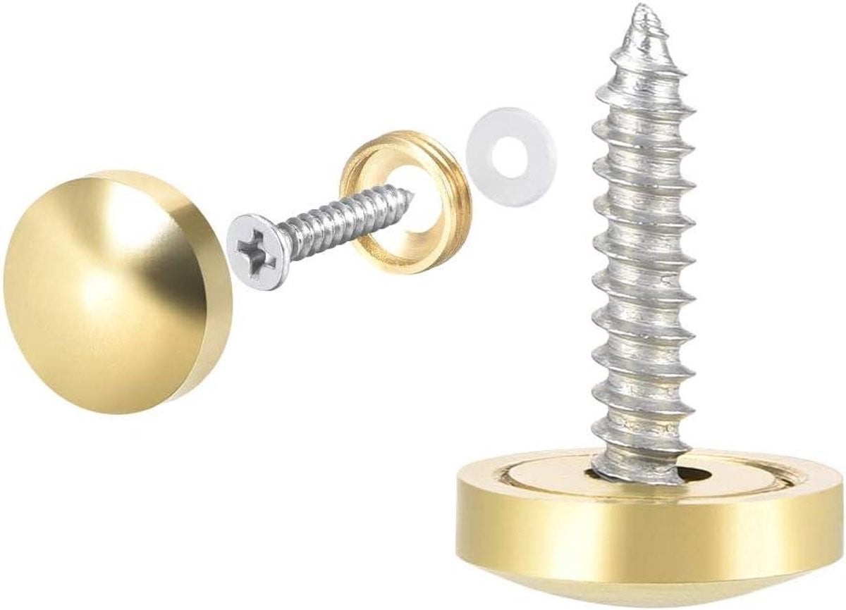 Spiegelschroeven met sierdoppen in goud, massieve messing constructie, 14 mm